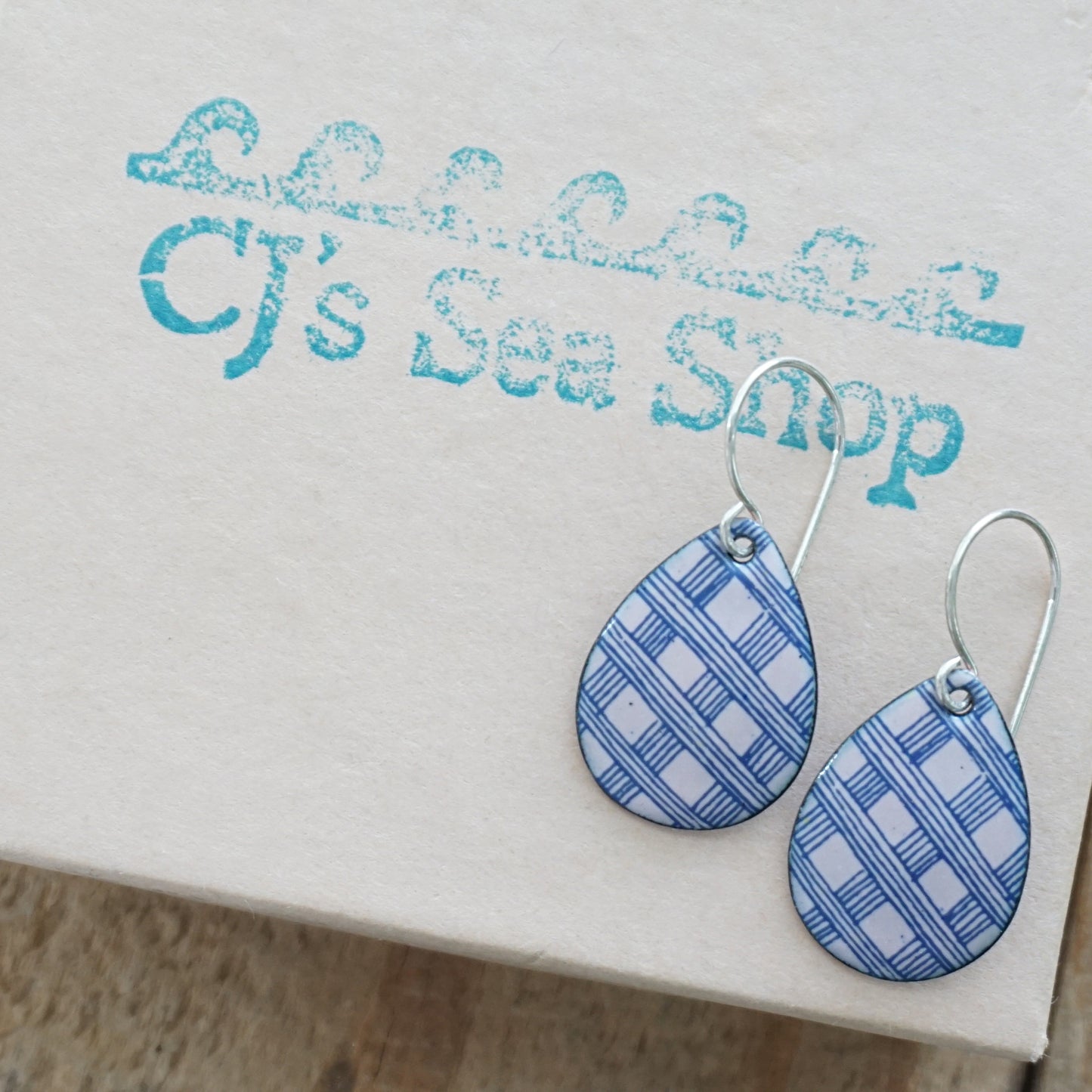 Blue Accents on Pink Enamel Teardrop Earrings