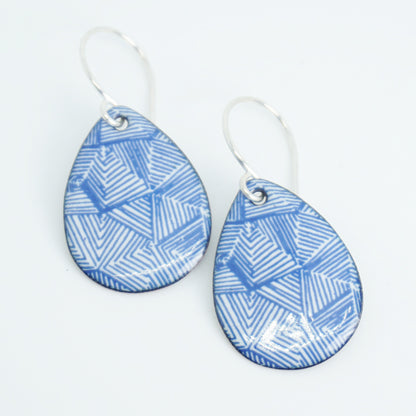 Blue Accents on White Enamel Teardrop Earrings