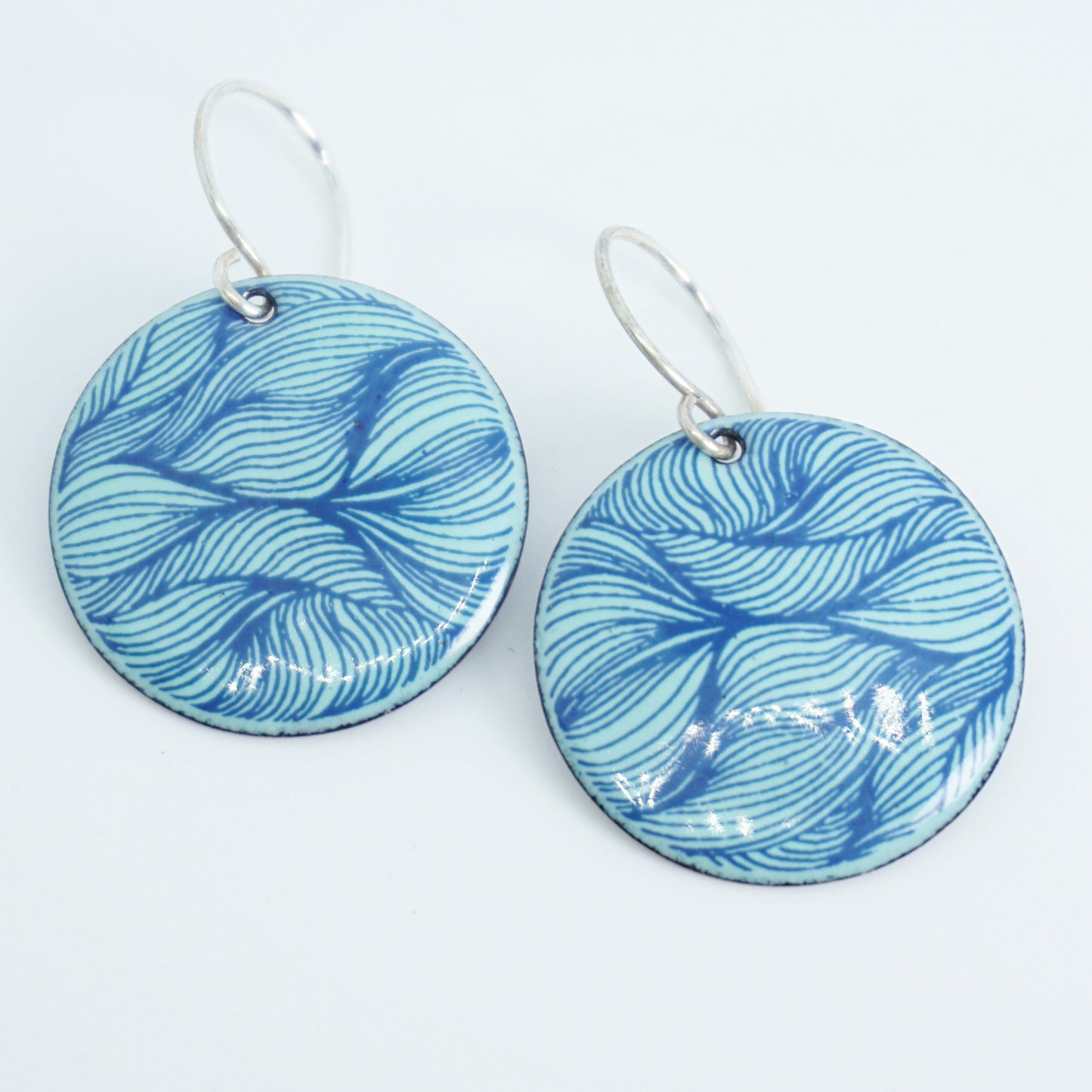 Blue Feather Accents on Seafoam Green Enamel Disc Earrings