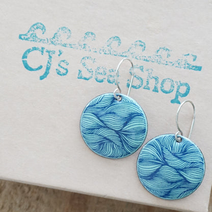 Blue Feather Accents on Seafoam Green Enamel Disc Earrings
