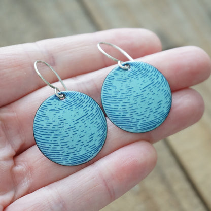 Blue Accents on Light Blue Enamel Disc Earrings