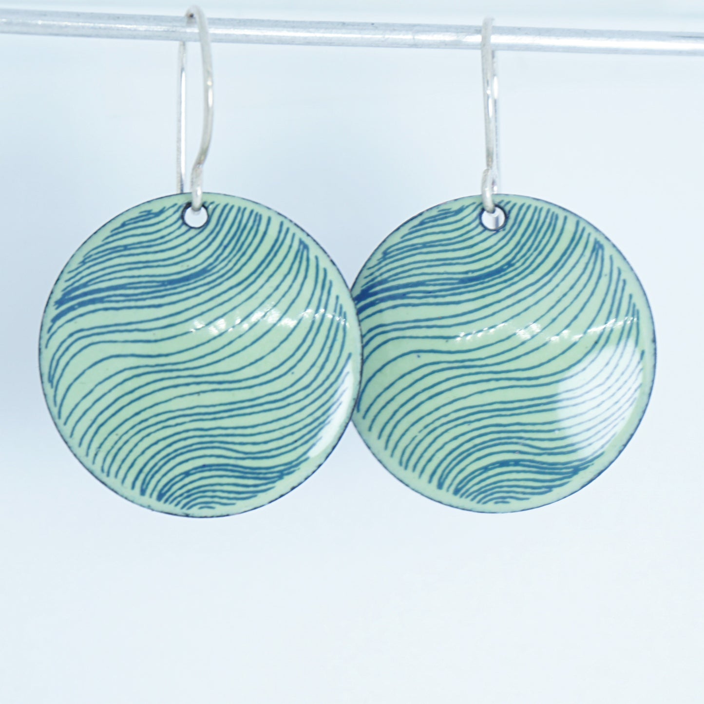Blue Accents on Green Enamel Disc Earrings