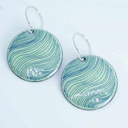 Blue Accents on Green Enamel Disc Earrings