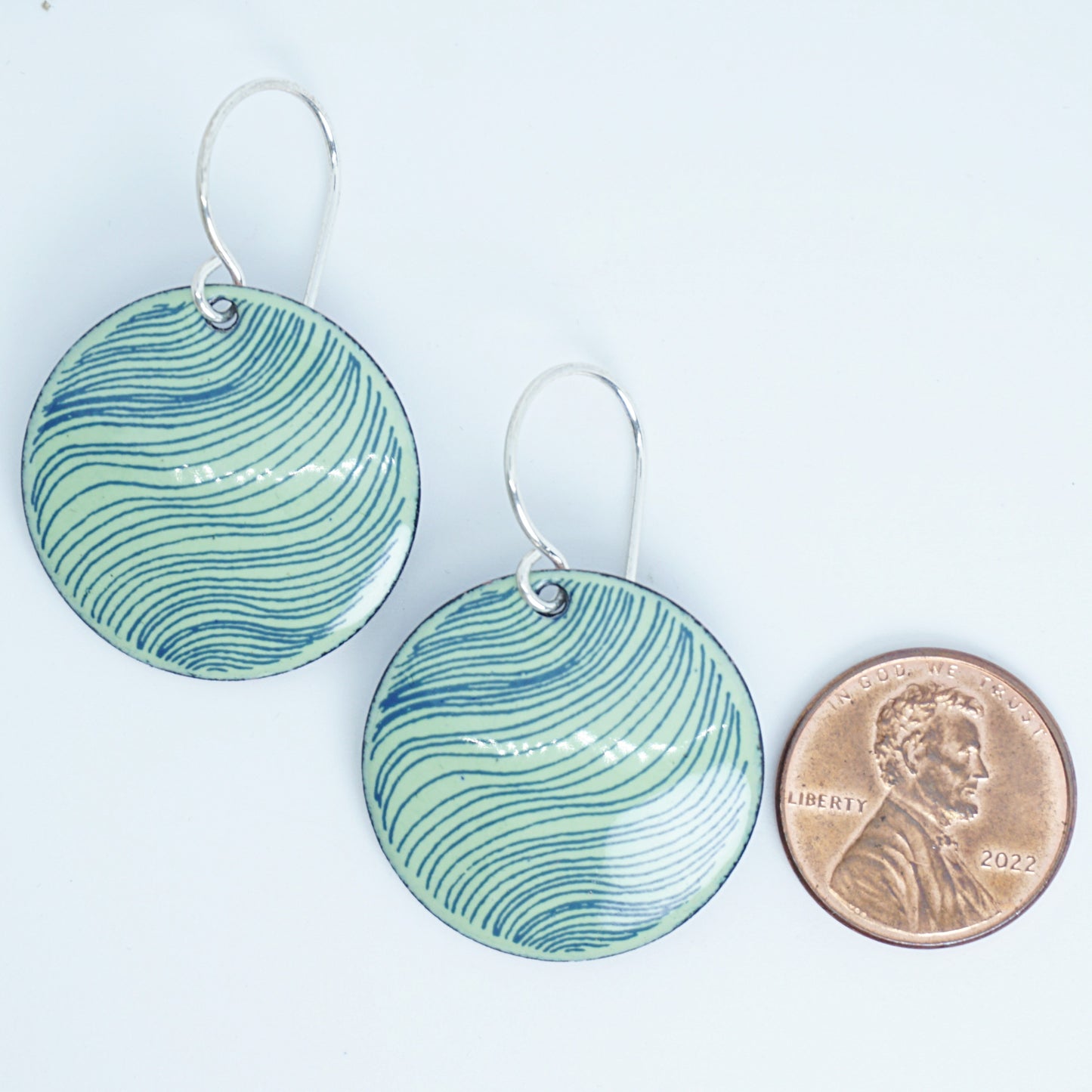 Blue Accents on Green Enamel Disc Earrings
