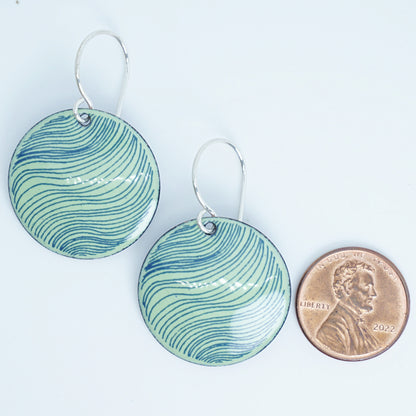 Blue Accents on Green Enamel Disc Earrings
