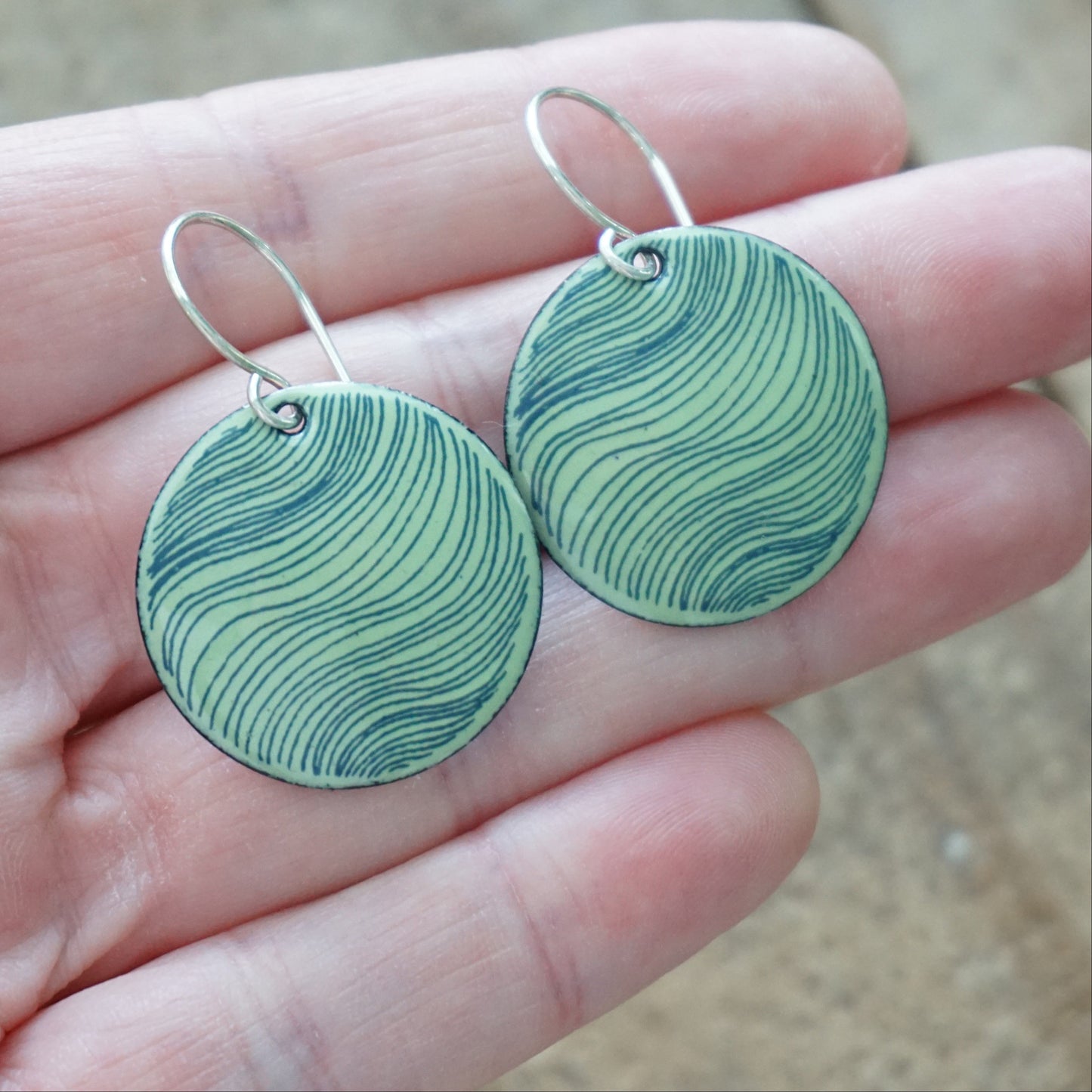 Blue Accents on Green Enamel Disc Earrings