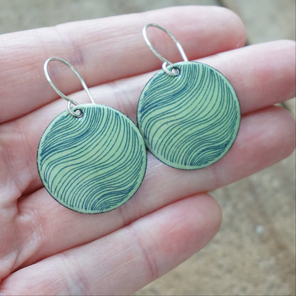 Blue Accents on Green Enamel Disc Earrings