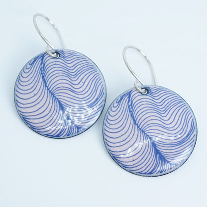 Blue Feather Accents on Pink Enamel Disc Earrings