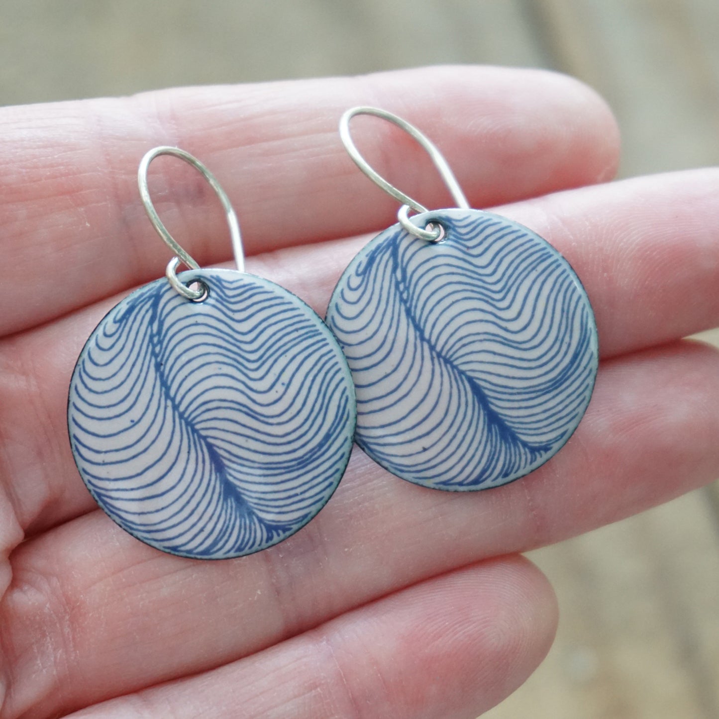 Blue Feather Accents on Pink Enamel Disc Earrings