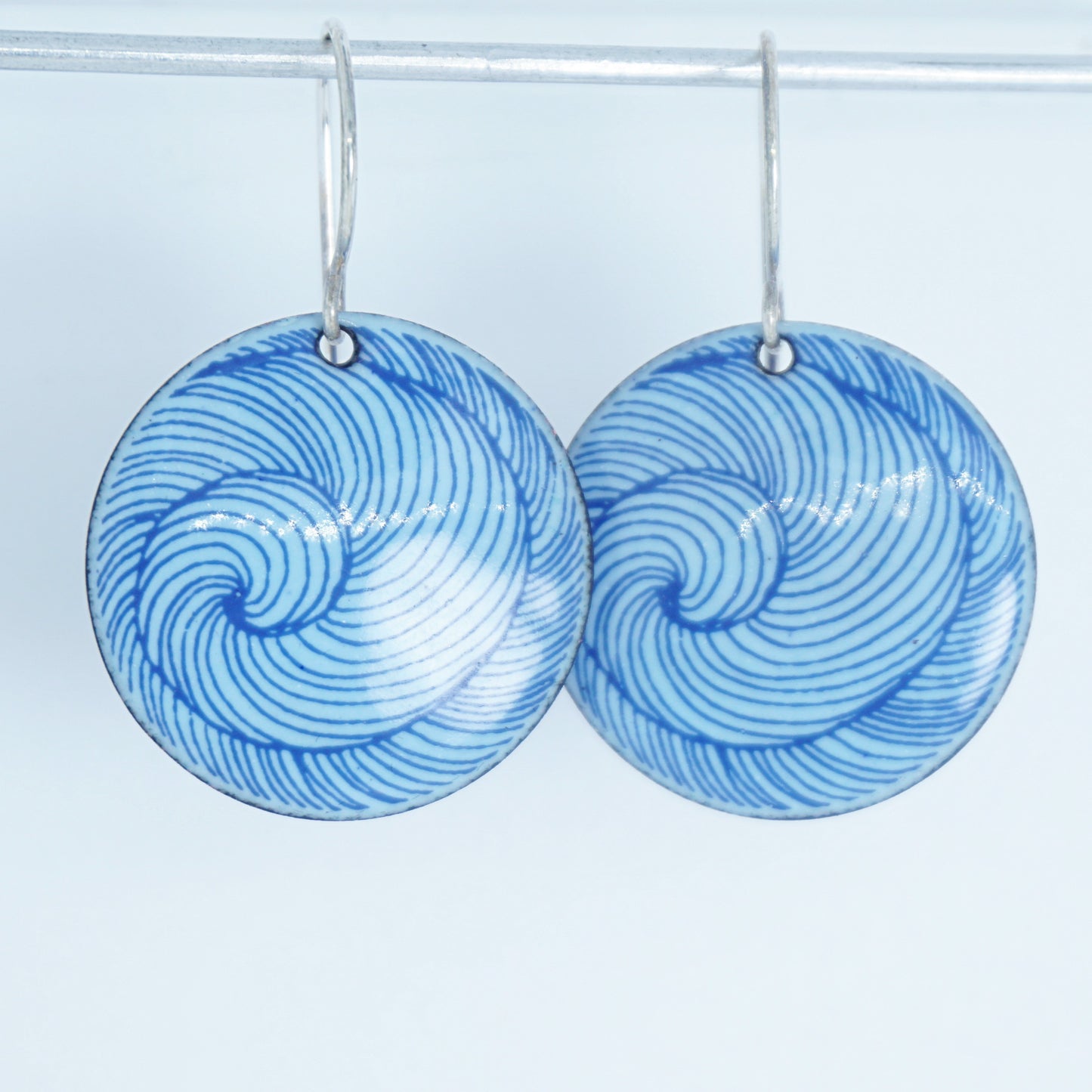 Blue Swirl Accents on Light Periwinkle Enamel Disc Earrings