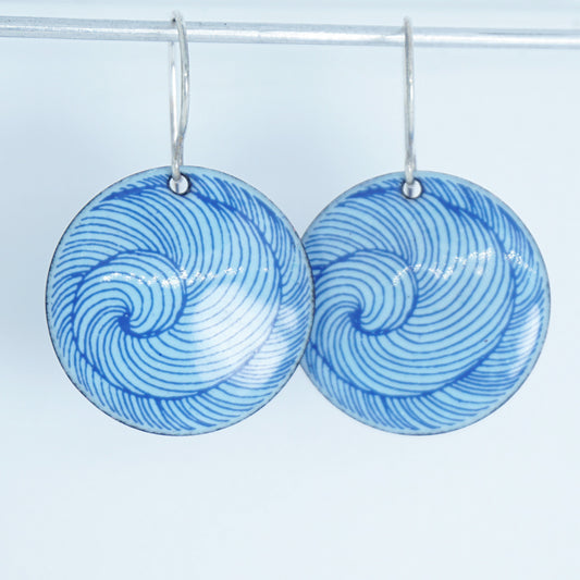Blue Swirl Accents on Light Periwinkle Enamel Disc Earrings