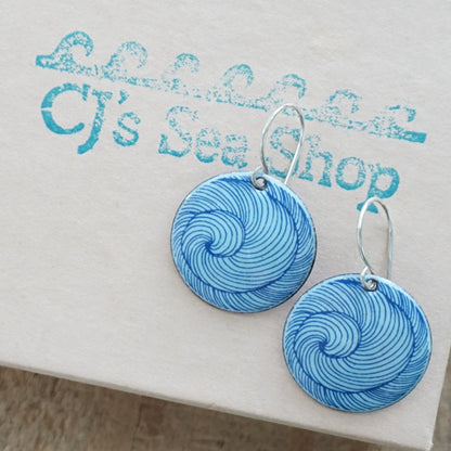 Blue Swirl Accents on Light Periwinkle Enamel Disc Earrings
