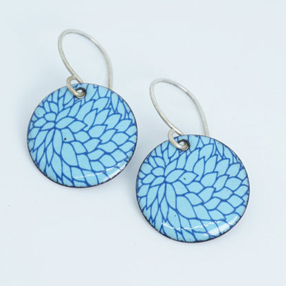 Blue Flower Accents on Light Blue Enamel Disc Earrings