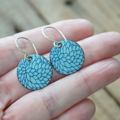 Blue Flower Accents on Light Blue Enamel Disc Earrings
