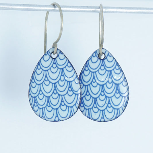Blue Mermaid Scale Accents on White Enamel Teardrop Earrings