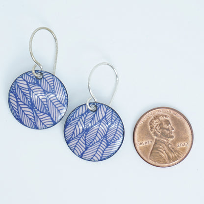 Blue Leaf Accents on Pink Enamel Disc Earrings