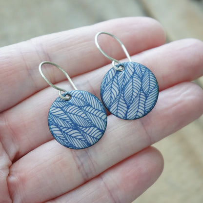 Blue Leaf Accents on Pink Enamel Disc Earrings