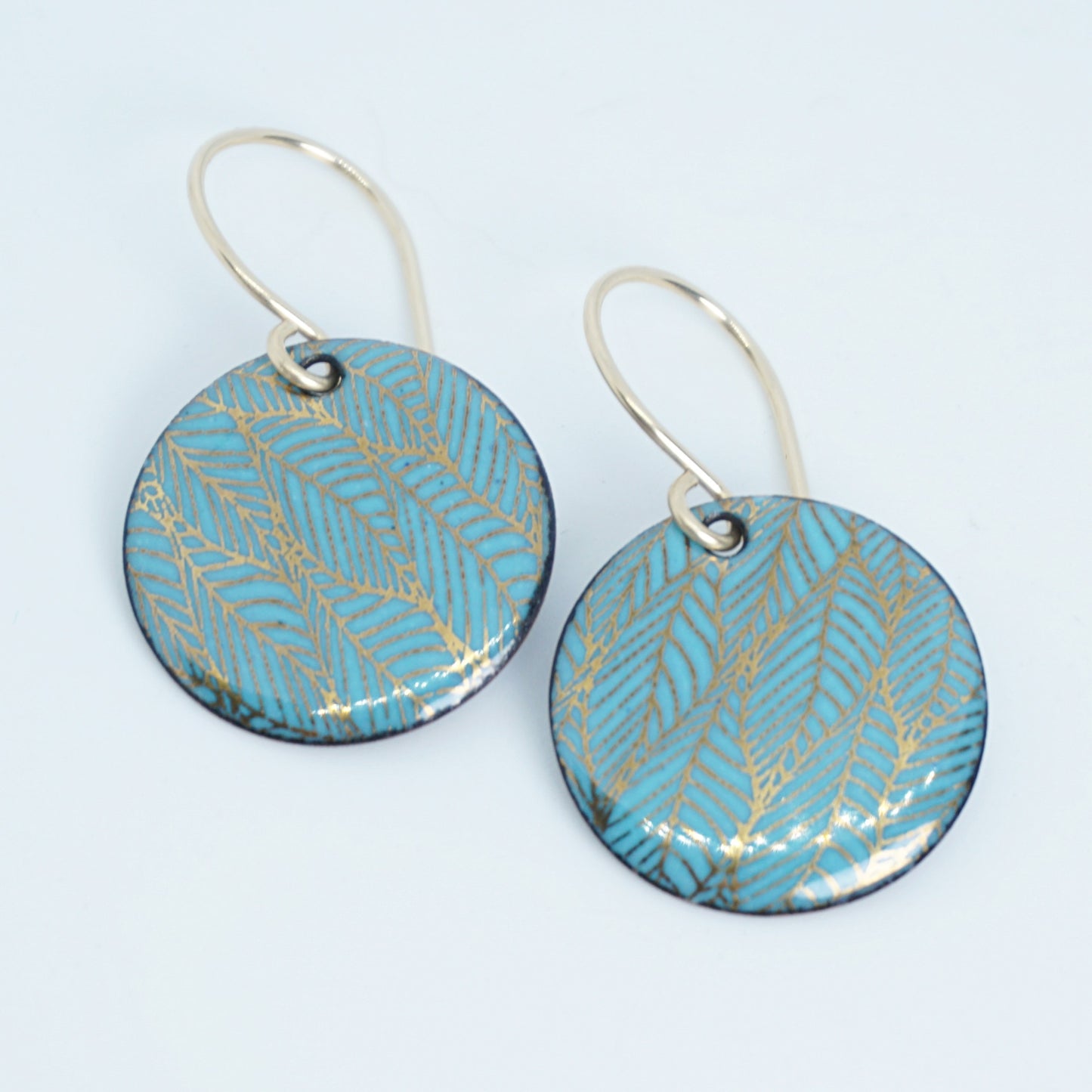 Gold Leaf Accents on Teal Green Enamel Disc Earrings