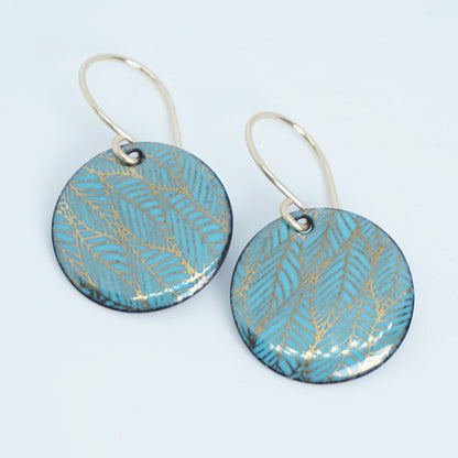 Gold Leaf Accents on Teal Green Enamel Disc Earrings