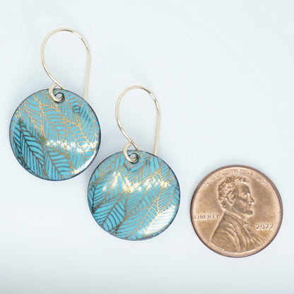 Gold Leaf Accents on Teal Green Enamel Disc Earrings
