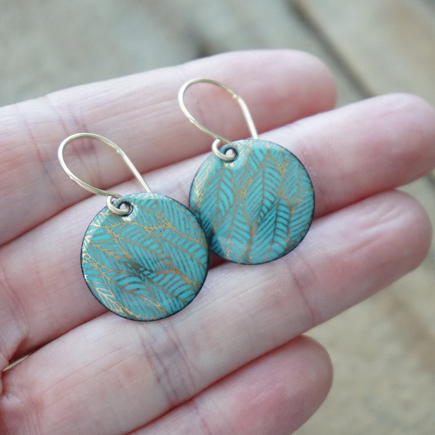 Gold Leaf Accents on Teal Green Enamel Disc Earrings