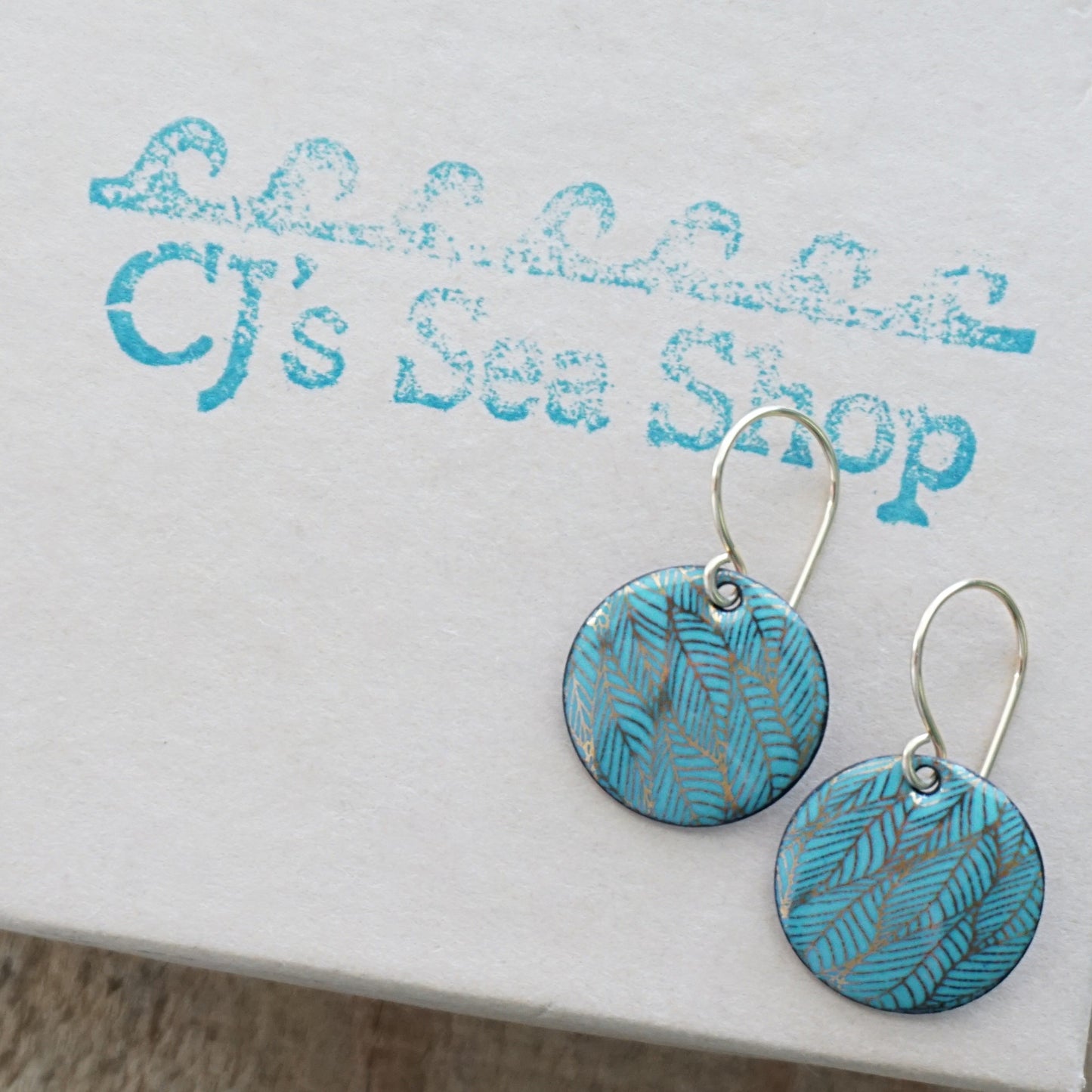 Gold Leaf Accents on Teal Green Enamel Disc Earrings