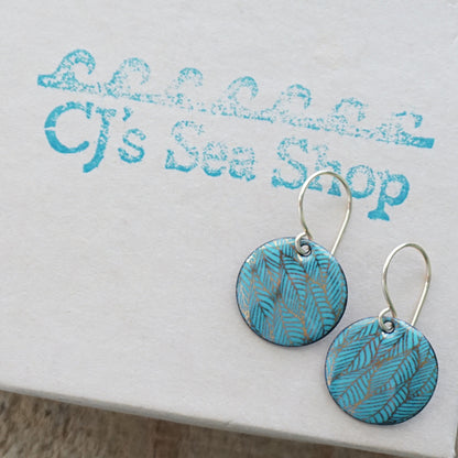 Gold Leaf Accents on Teal Green Enamel Disc Earrings