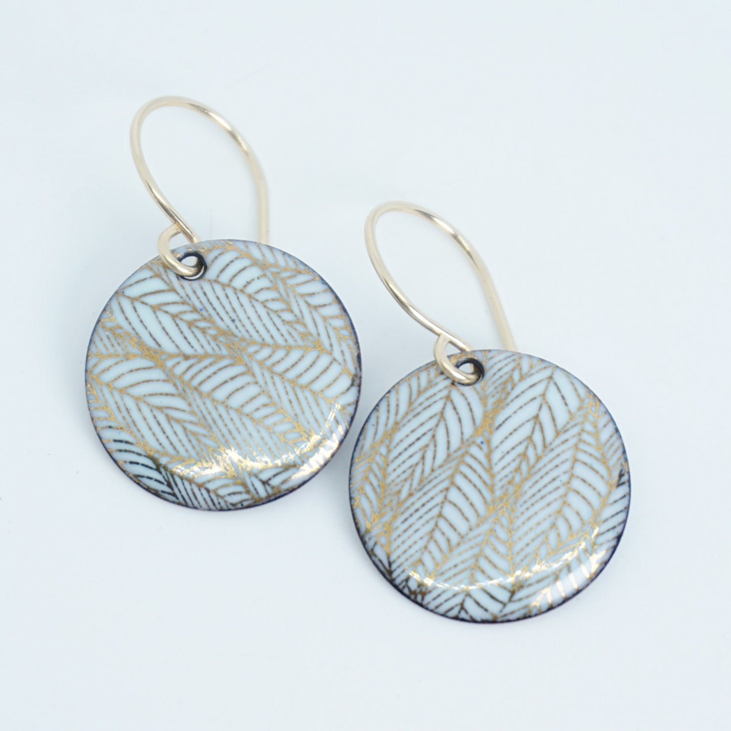 Gold Leaf Accents on Light Seafoam Green Enamel Disc Earrings