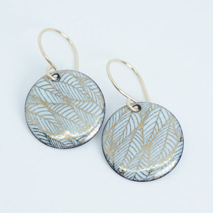Gold Leaf Accents on Light Seafoam Green Enamel Disc Earrings