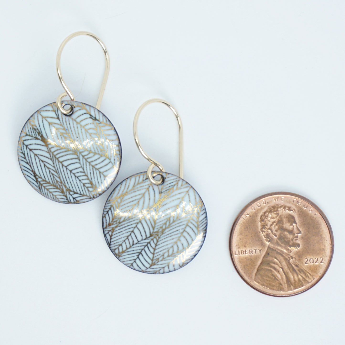Gold Leaf Accents on Light Seafoam Green Enamel Disc Earrings