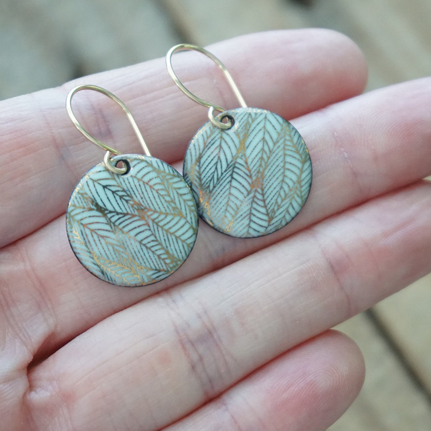 Gold Leaf Accents on Light Seafoam Green Enamel Disc Earrings