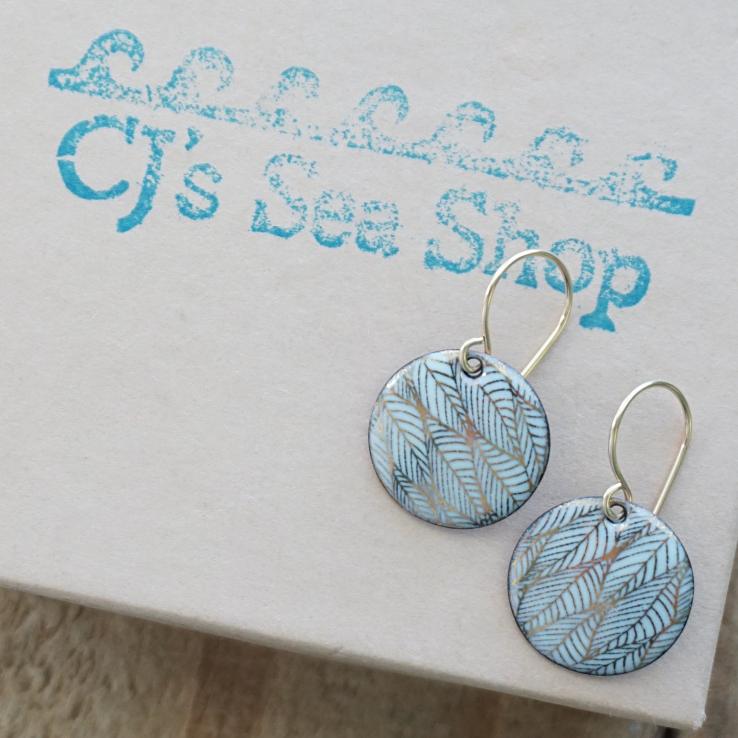 Gold Leaf Accents on Light Seafoam Green Enamel Disc Earrings