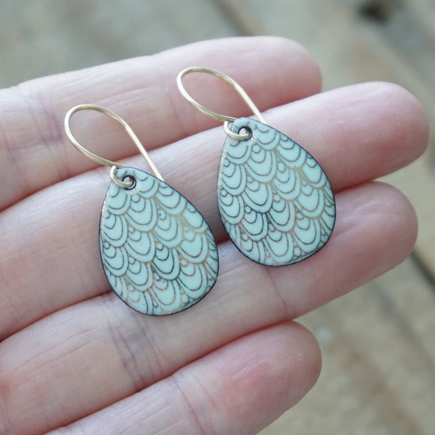 Gold Mermaid Scales on Light Seafoam Green Enamel Earrings