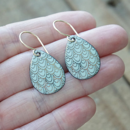 Gold Mermaid Scales on Light Seafoam Green Enamel Earrings