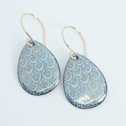 Gold Mermaid Scales on Light Blue Enamel Earrings