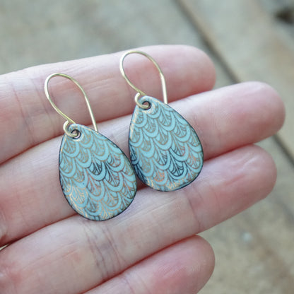 Gold Mermaid Scales on Light Blue Enamel Earrings
