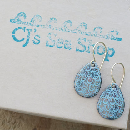 Gold Mermaid Scales on Light Blue Enamel Earrings