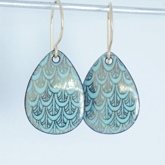 Gold Mermaid Scales on Seafoam Green Enamel Earrings