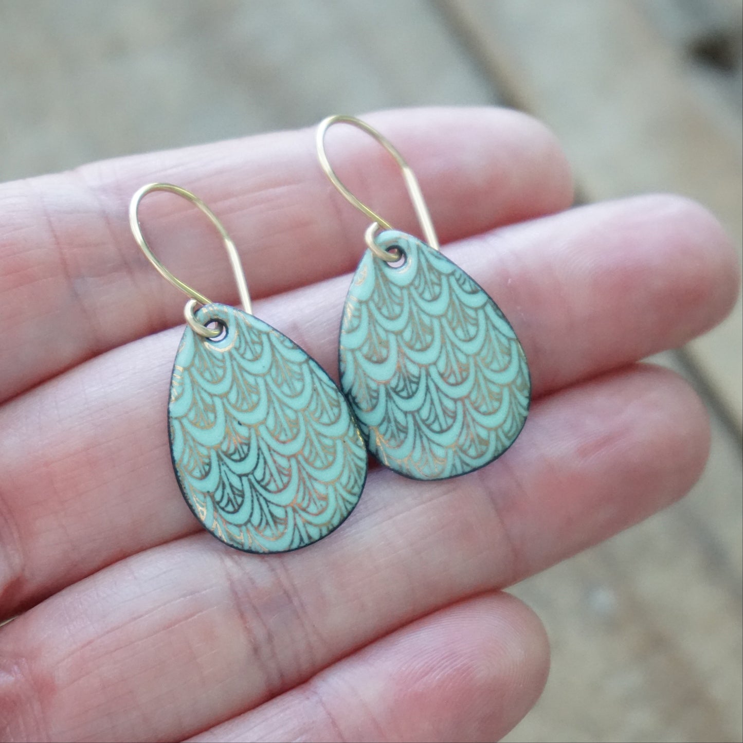 Gold Mermaid Scales on Seafoam Green Enamel Earrings