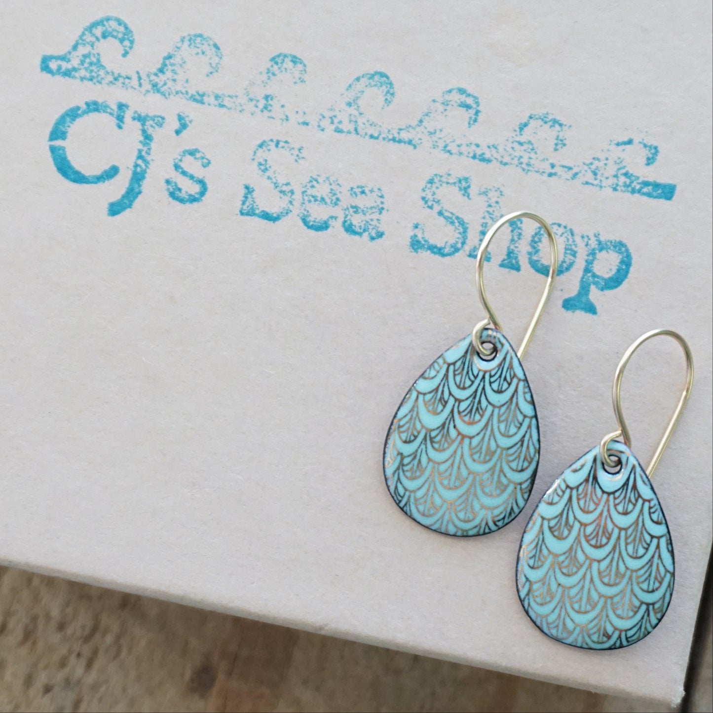 Gold Mermaid Scales on Seafoam Green Enamel Earrings