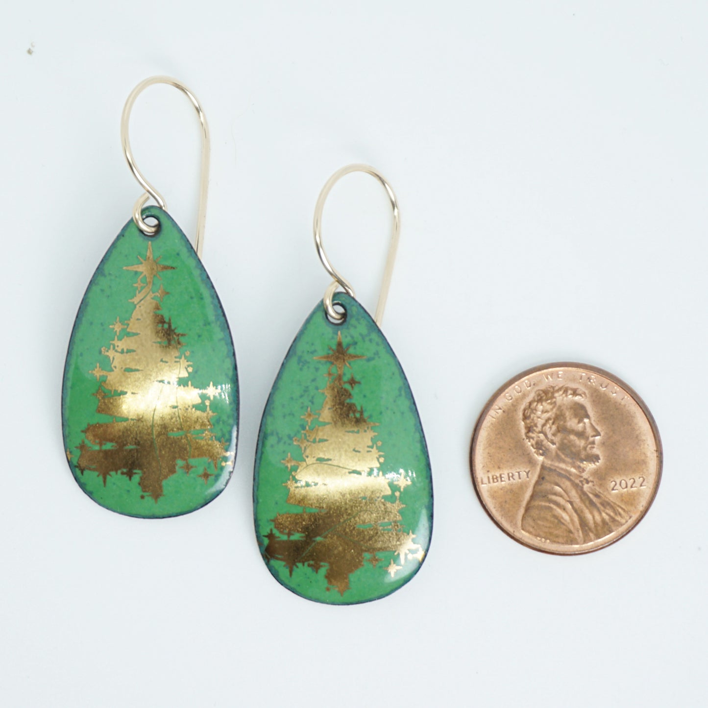 Gold Christmas Trees on Green Enamel Teardrop Earrings