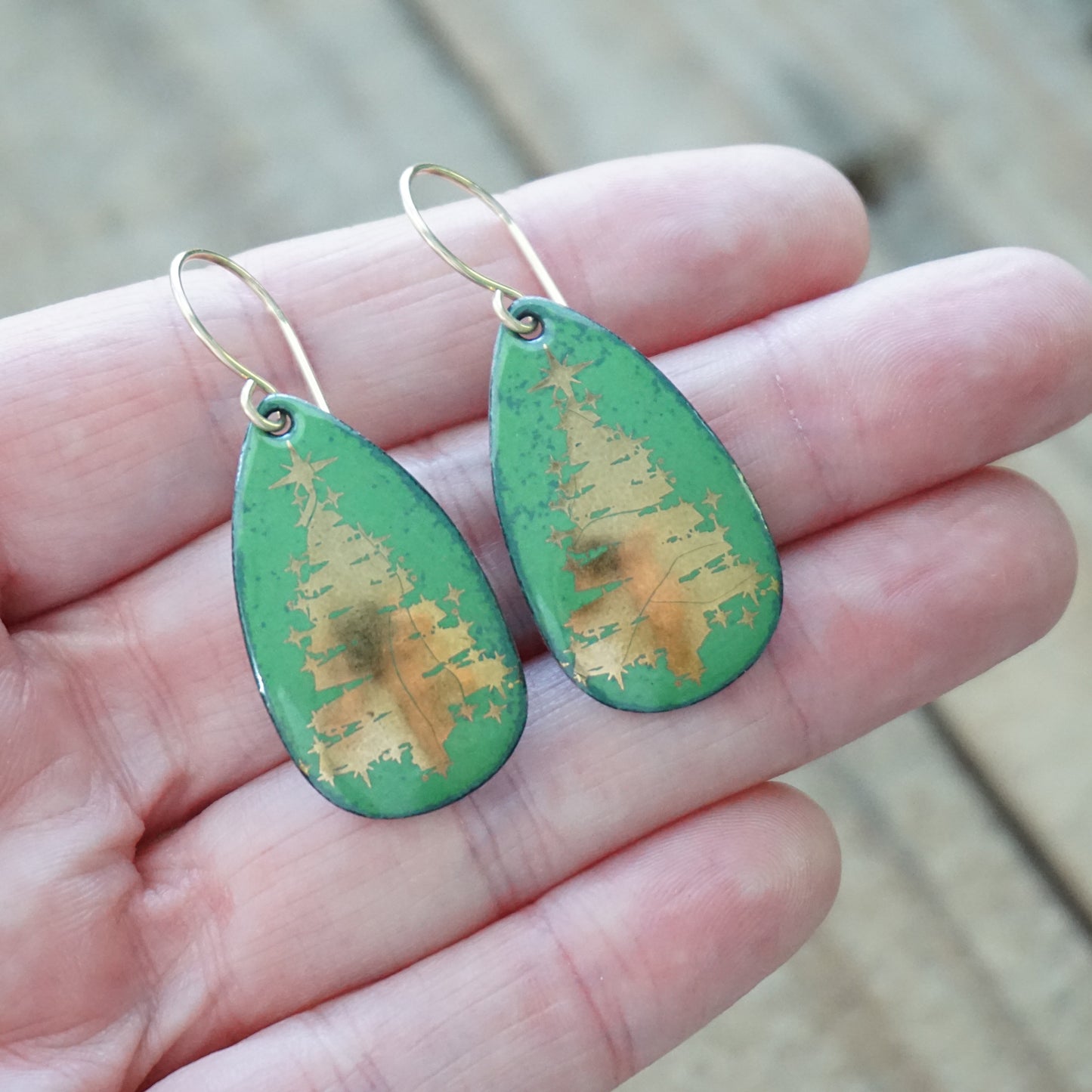 Gold Christmas Trees on Green Enamel Teardrop Earrings