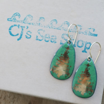 Gold Christmas Trees on Green Enamel Teardrop Earrings