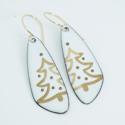 Gold Christmas Trees on White Enamel Teardrop Earrings