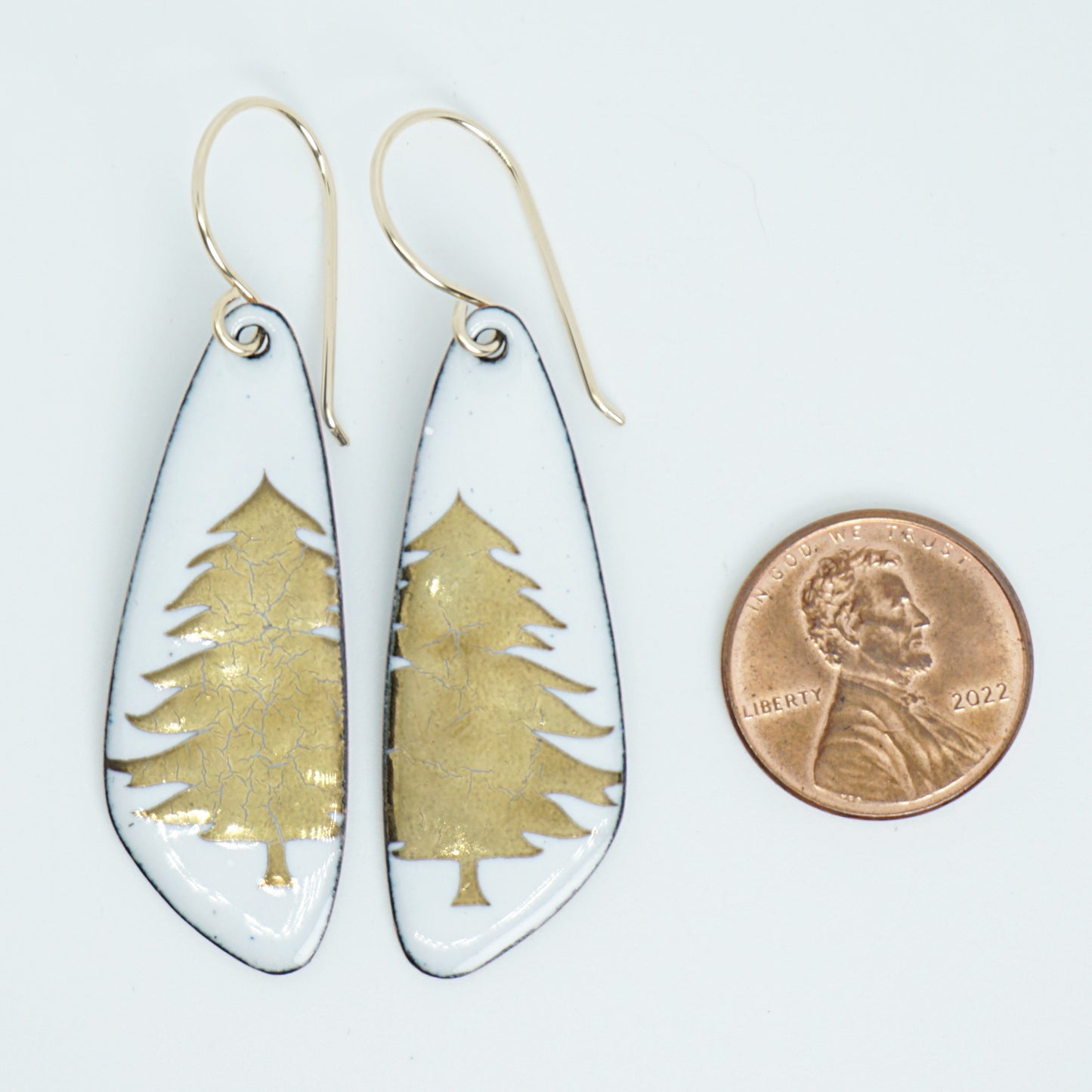 Gold Christmas Trees on White Enamel Teardrop Earrings