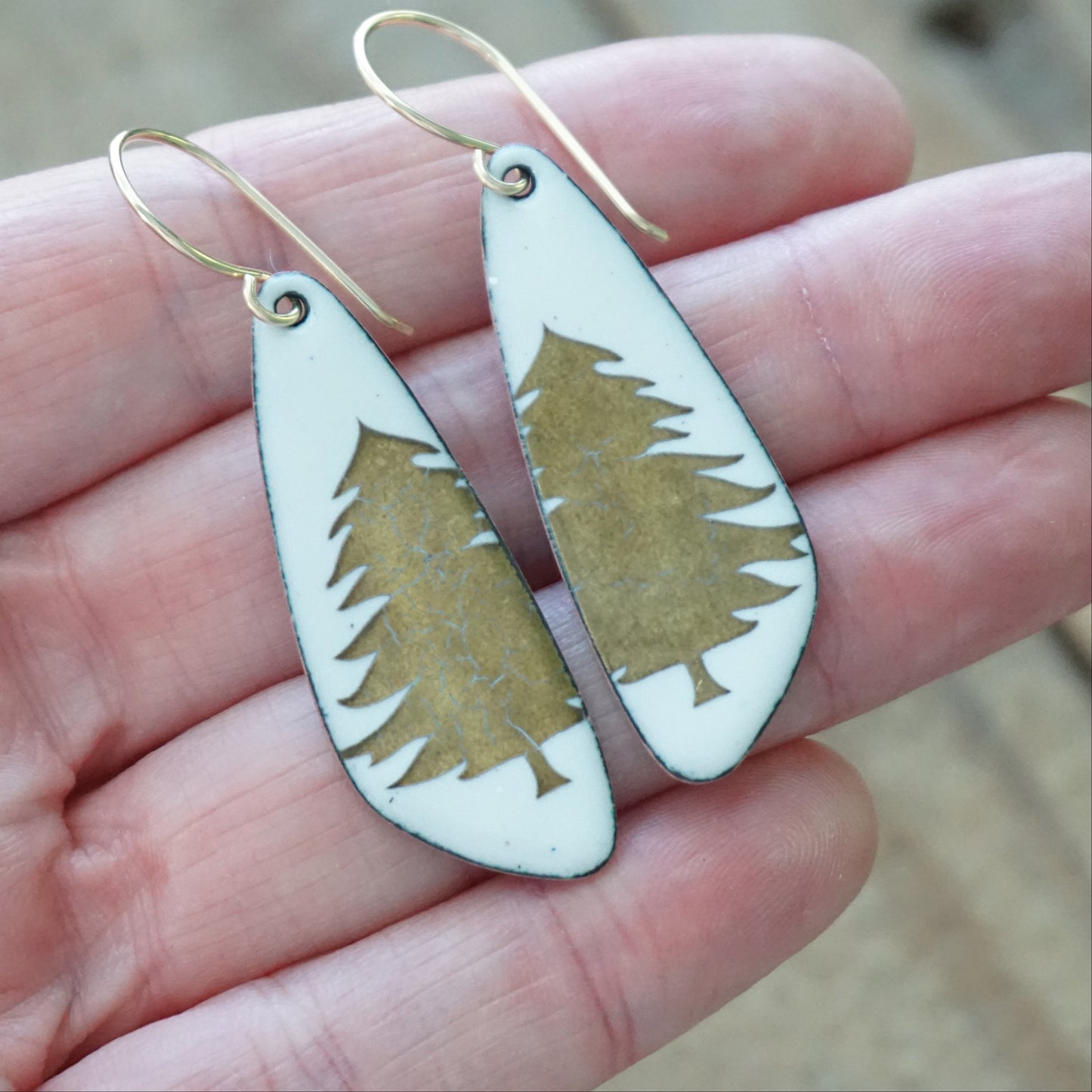 Gold Christmas Trees on White Enamel Teardrop Earrings