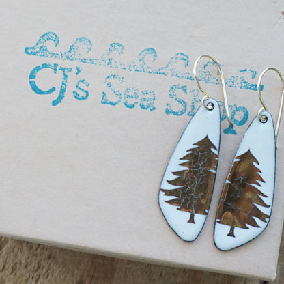 Gold Christmas Trees on White Enamel Teardrop Earrings