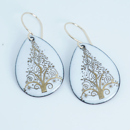Gold Christmas Trees on White Enamel Teardrop Earrings