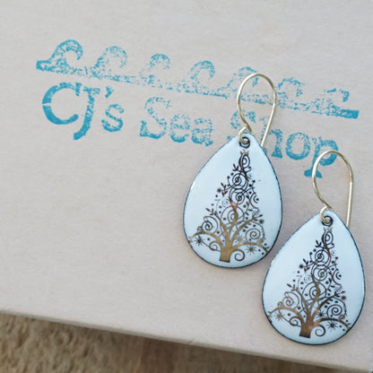 Gold Christmas Trees on White Enamel Teardrop Earrings