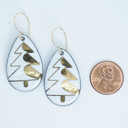 Gold Christmas Trees on White Enamel Teardrop Earrings
